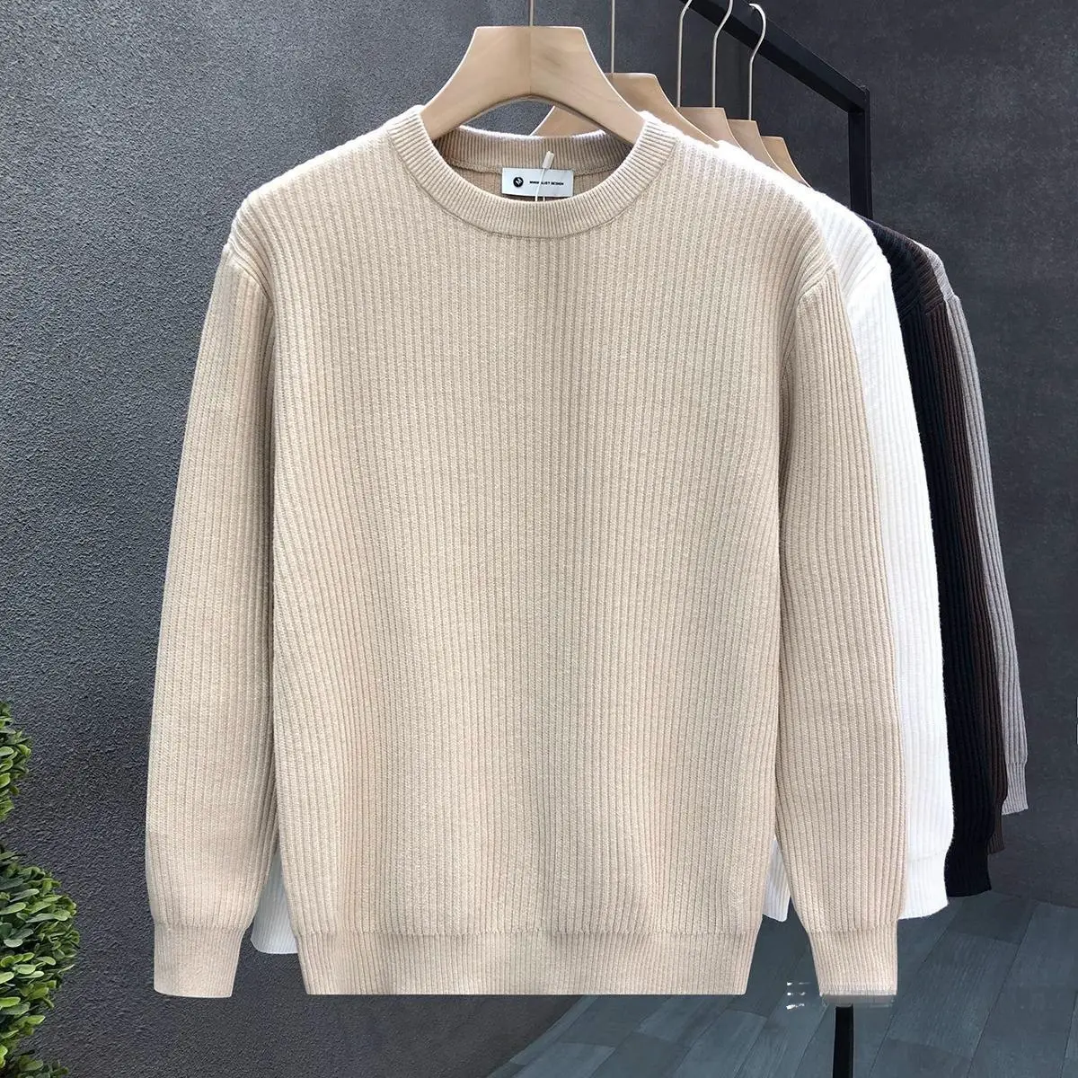 Mens Versatile Simple Solid-Color Apricot Knitted Sweater