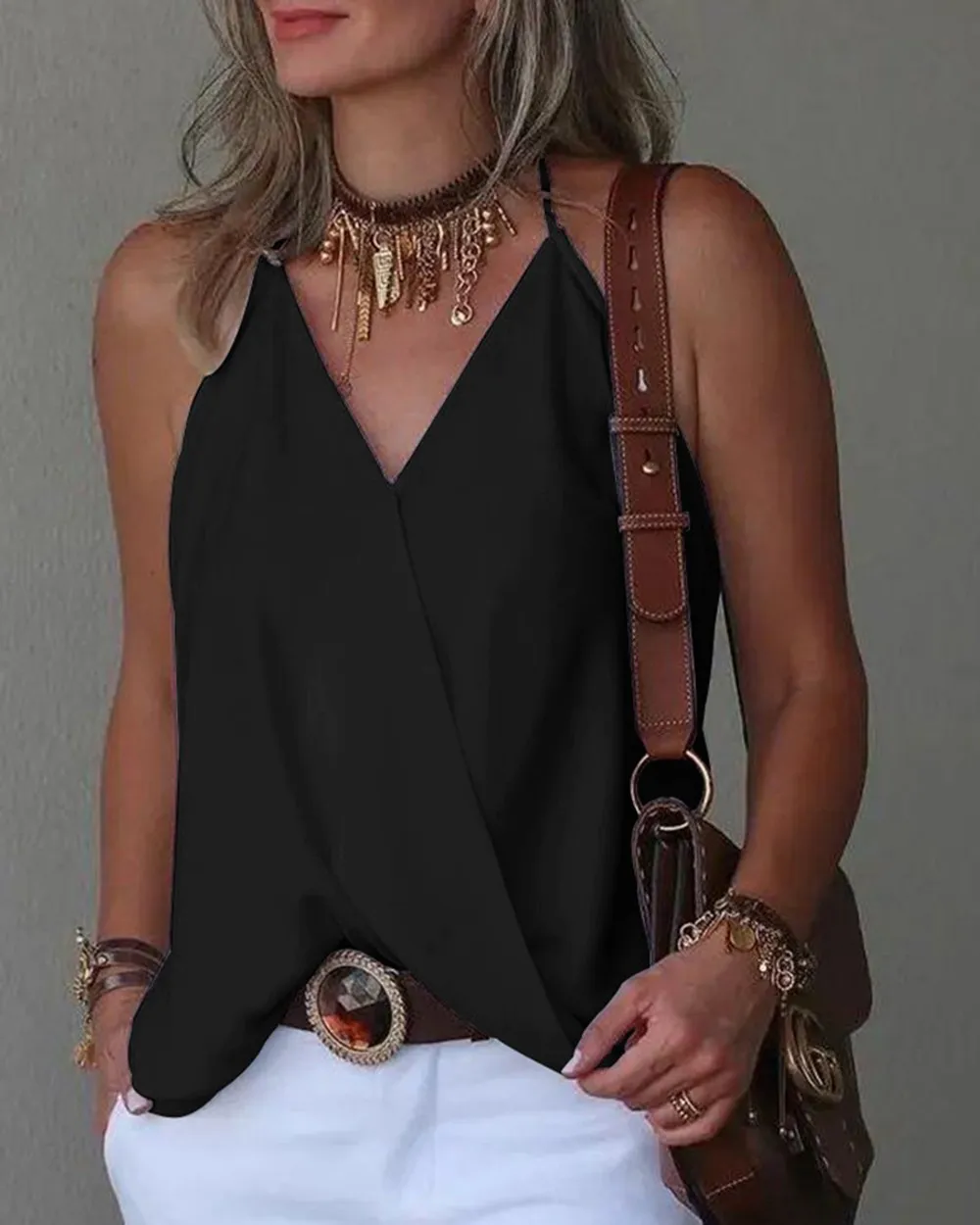 Loose Casual V-neck Bottoming Women's Top Vest - Black
