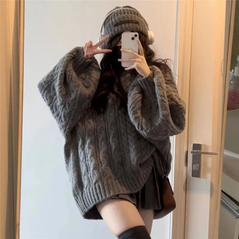 Idle Style Retro Thickened V-neck Loose Sweater - Gray