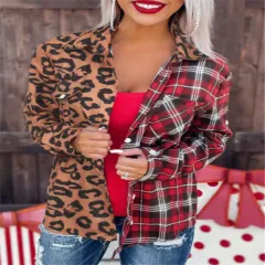 Contrast Colour Loose Street Hipster Lapel Single Breasted Shirt - Leopard Print Colour Matching - View 1
