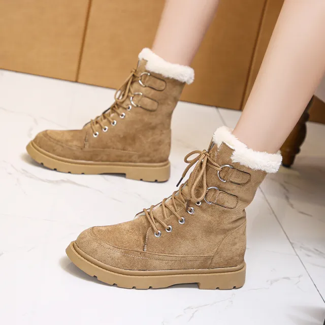 New Autumn And Winter Thick Warm Chunky Heel Platform Lace up Martin Boots Khaki - Shop at LoveMi