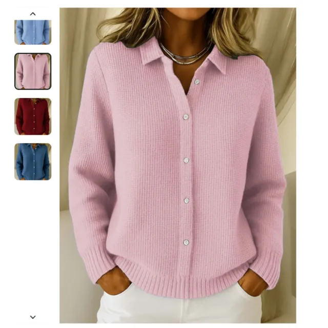 Casual Fashion Button Knitted Lapel Sweater For Women Long Sleeve Knitted Sweaters Tops Winter Jumper Pink - Shop at LoveMi