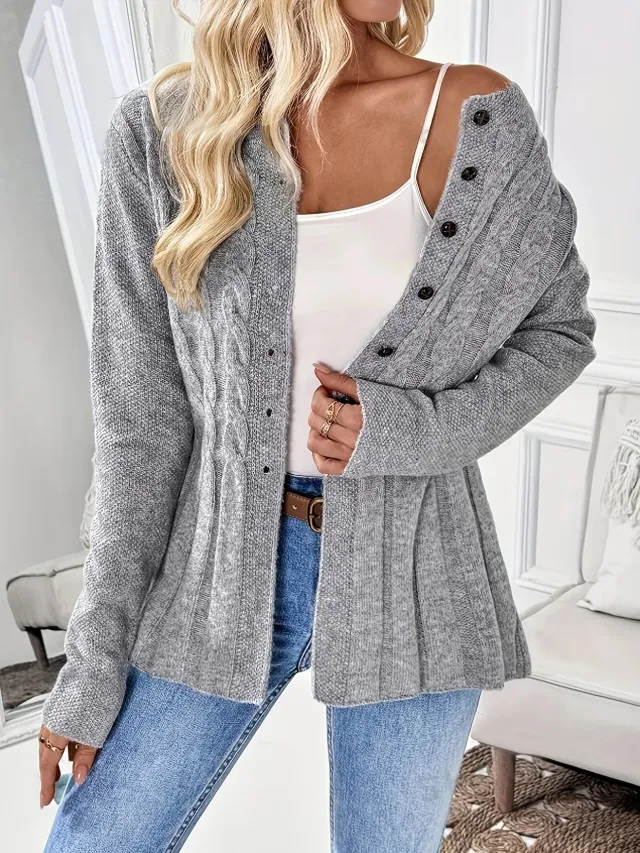Women's Single breasted Casual Long sleeved Knitted Cardigan Gray - Shop at LoveMi