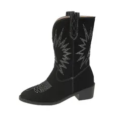 Embroidery Sleeve Retro Mid-calf Length Pointed Chunky Heel Long Boots - Black - View 1
