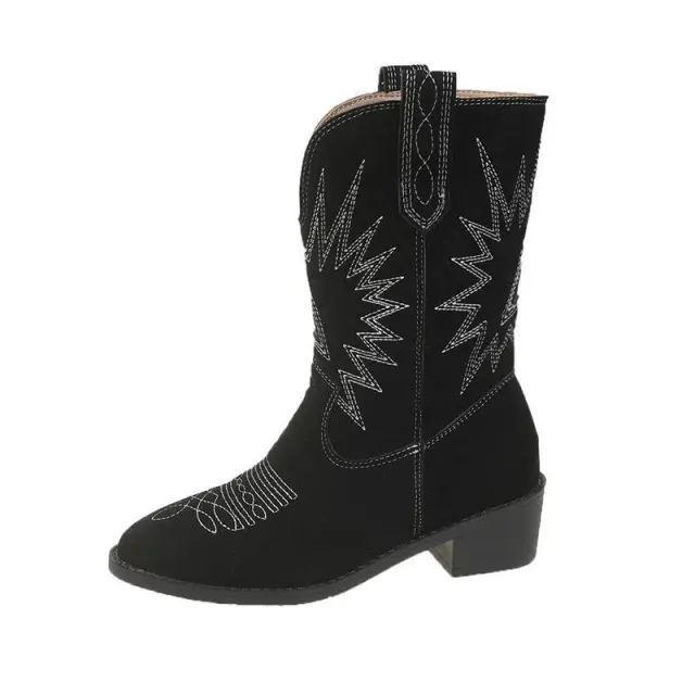 Embroidery Sleeve Retro Mid calf Length Pointed Chunky Heel Long Boots Black - Shop at LoveMi