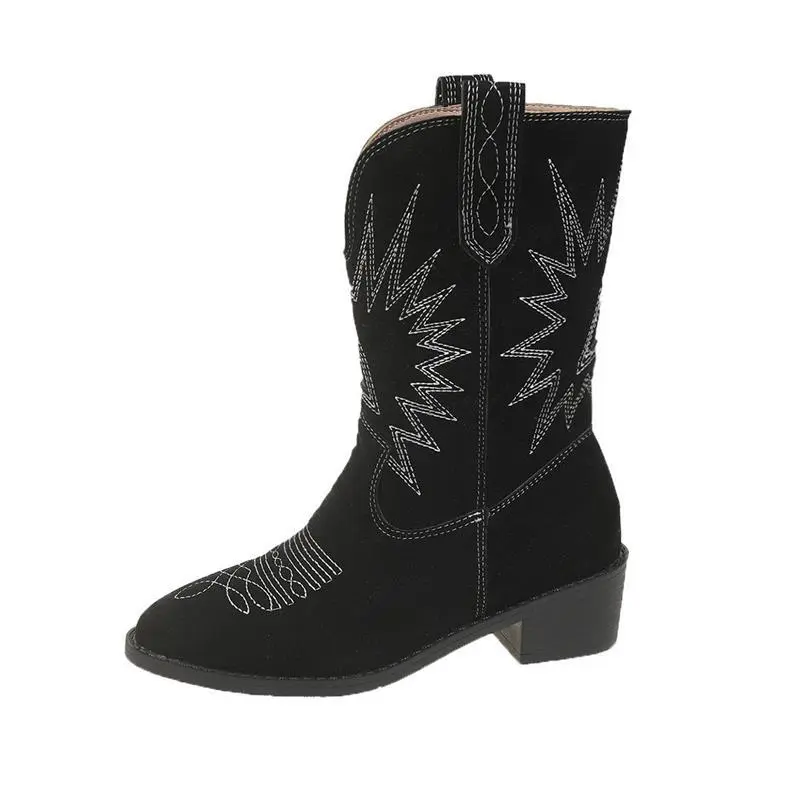 Embroidery Sleeve Retro Mid-calf Length Pointed Chunky Heel Long Boots - Black
