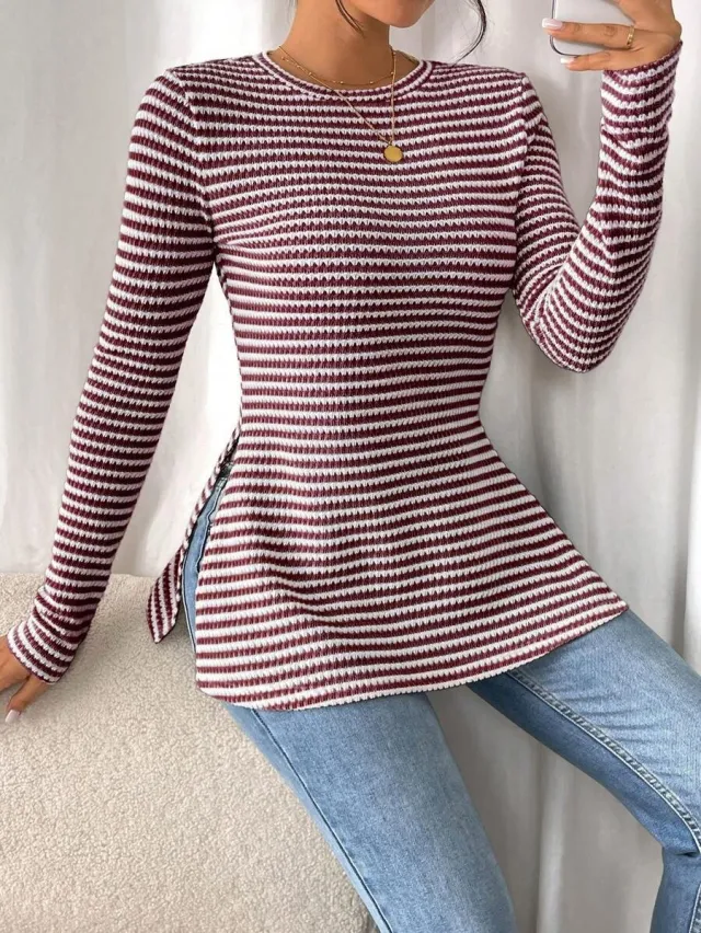 Striped Fashion Slim Fit Slimming All match Shirt Red - Shop at LoveMi