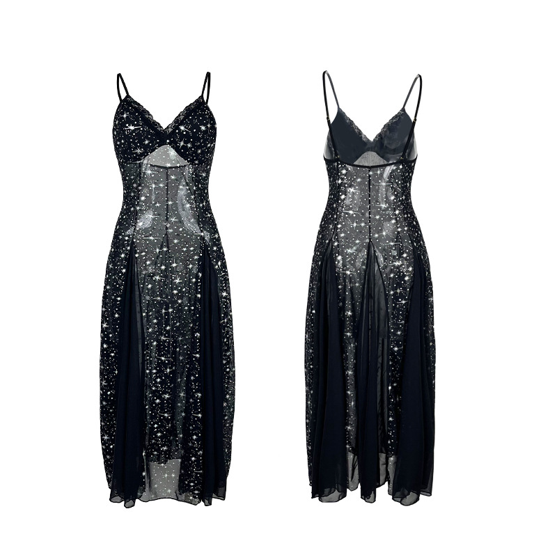 Sexy Backless Spaghetti-Strap Starry Sequin Sheer Nightgown