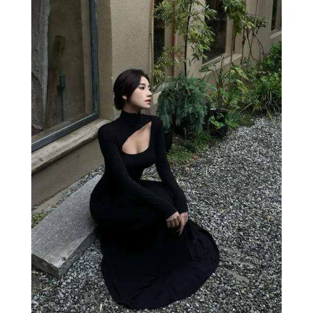 Womens Reversible Deconstructed Hollow out Long sleeve Dress Black - Shop at LoveMi