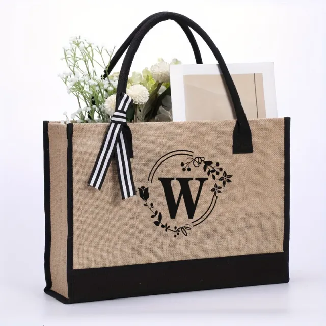Large Capacity Portable Printing Initial Letter Jute Linen Shopping Bag Letter W - Shop at LoveMi