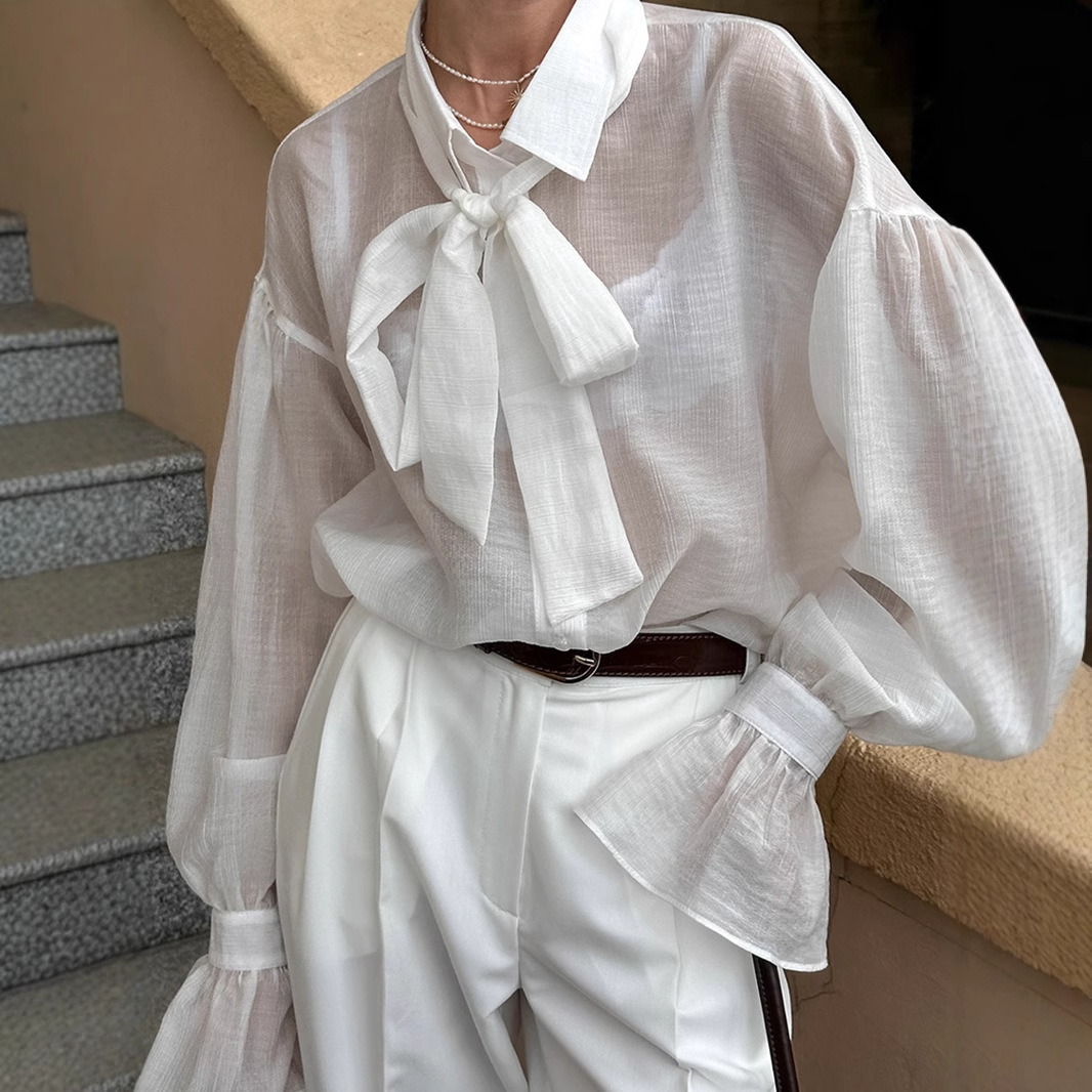 Retro Tie-Neckline Petal-Sleeve Top