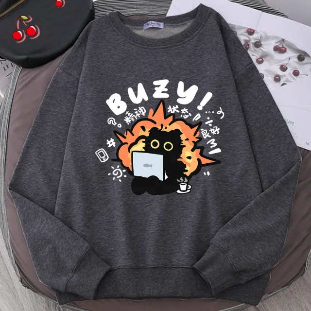 Stable State Cat Cute Print Cartoons Hoodie Darkgray - Shop at LoveMi