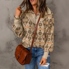 Printed Sweater European And American Loose Long Sleeve Zipped Stand Collar Top - Tan - View 1