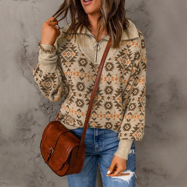 Printed Sweater European And American Loose Long Sleeve Zipped Stand Collar Top Tan - Shop at LoveMi