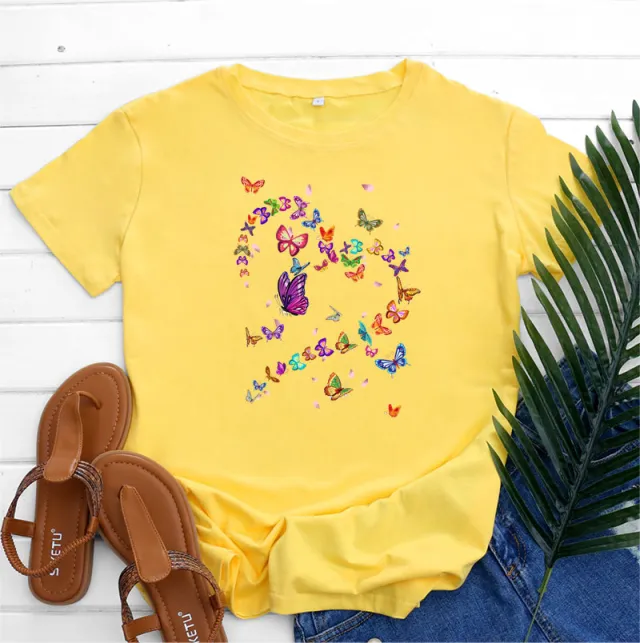 Women's Fashionable Simple Heart Butterfly Printed Round Neck Short Sleeve T shirt Yellow - Shop at LoveMi