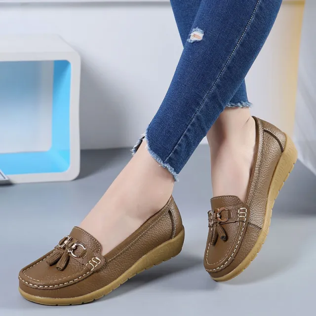 Genuine Leather Non slip Beef Tendon Flat Loafers Women's Pumps Slip on Plus Size Women's Shoes Khaki - Shop at LoveMi