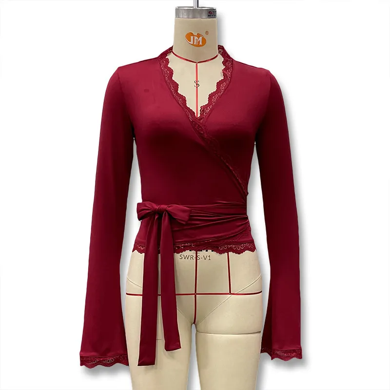 Valentine's Day Women's Solid-Color V-Neck Lace-trimmed Lace-up Long-Sleeve Top - Wine
