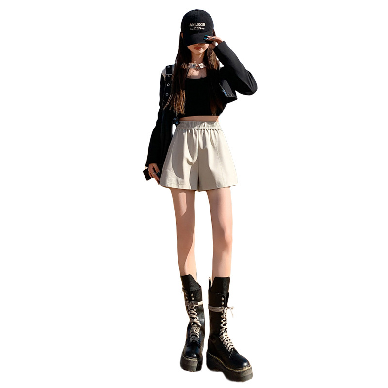 Petite Women's Leather Shorts Stretch High Waist A-line Summer Pants