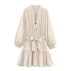 Elegant Slim-fit Wrinkle Effect Long Sleeve V-neck Dress - Beige - View 1