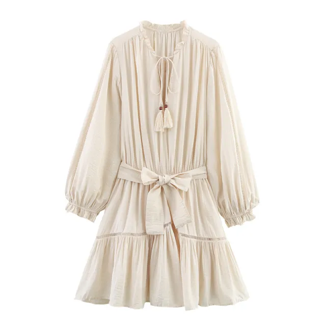 Elegant Slim fit Wrinkle Effect Long Sleeve V neck Dress Beige - Shop at LoveMi