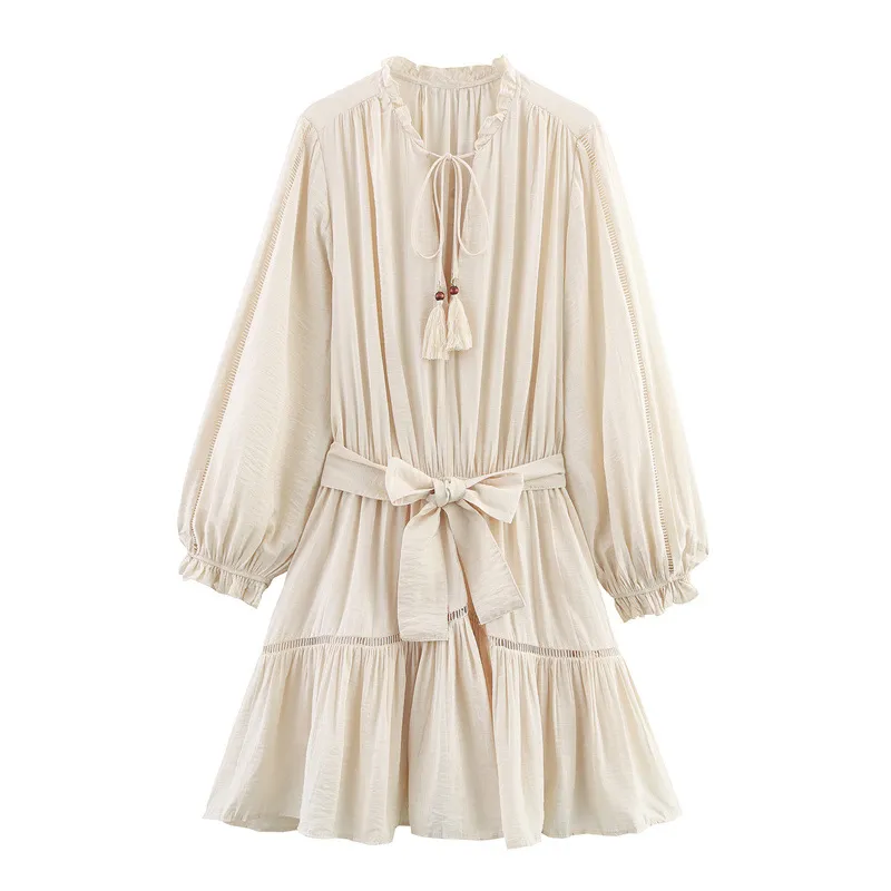 Elegant Slim-fit Wrinkle Effect Long Sleeve V-neck Dress - Beige