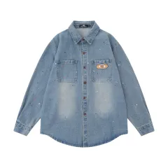 Denim Long Sleeve Shirt Coat Casual Splash-ink Pocket Embroidered Lapel Loose Top - Blue - View 1