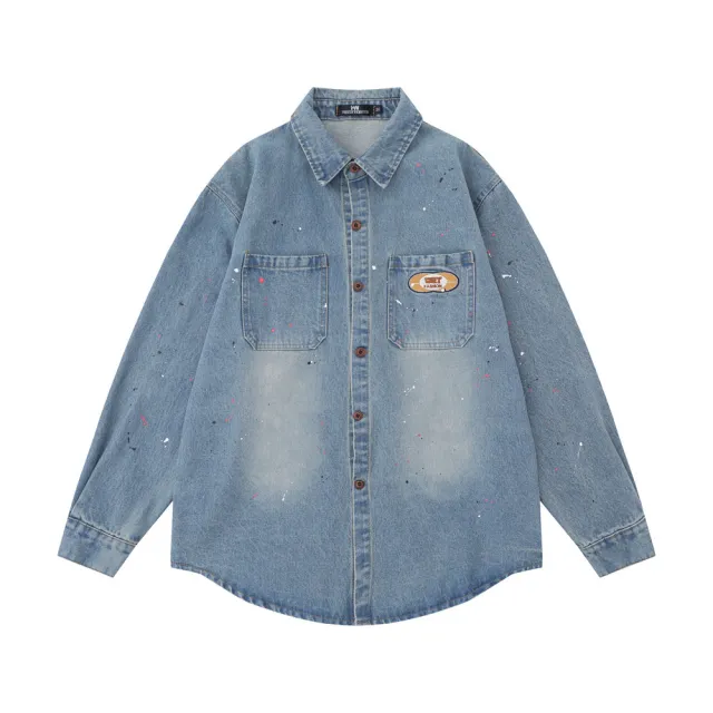Denim Long Sleeve Shirt Coat Casual Splash ink Pocket Embroidered Lapel Loose Top Blue - Shop at LoveMi