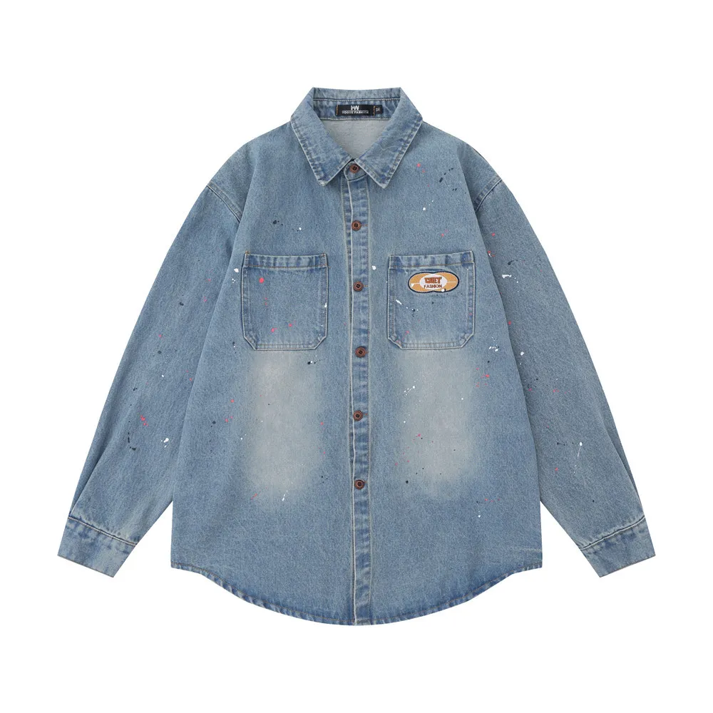 Denim Long Sleeve Shirt Coat Casual Splash-ink Pocket Embroidered Lapel Loose Top - Blue