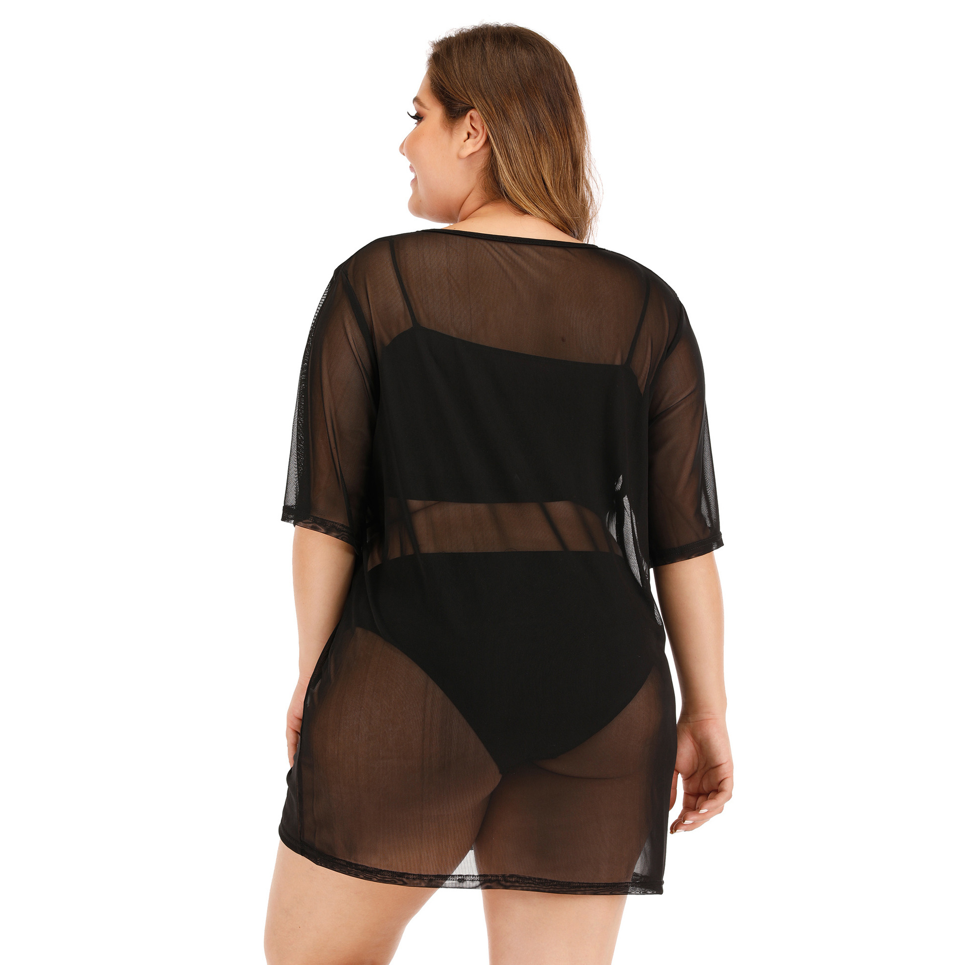 Plus Size Women's Sheer Mesh Beach Bikini Cover Up Dress