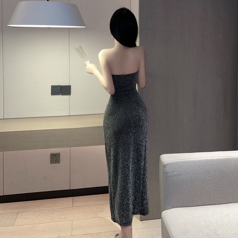 Hollow-out Tube Top High Waist Slit Long Skirt Two-piece Set