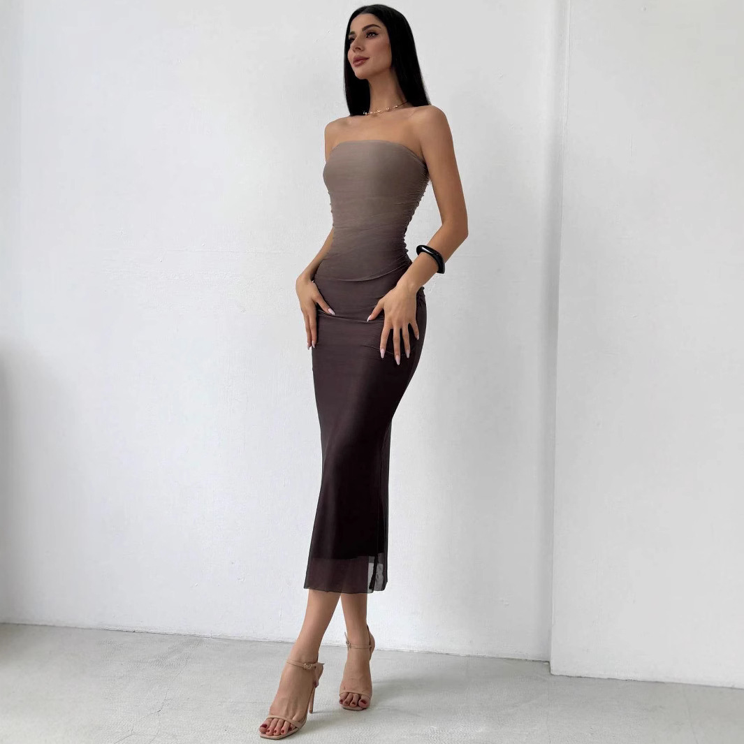 American style Ombre Mesh Strapless Bodycon Dress Gradient Color S - Shop at LoveMi