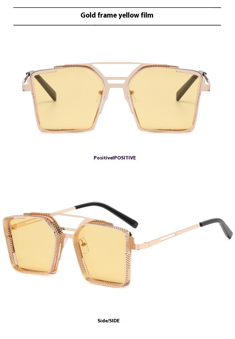 Steam Punk Sunglasses Men's Metal Hollow Square Frame Sunglasses Tide Double Beam Glasses