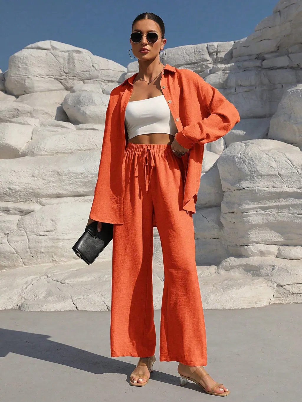 Fashion Graceful Plus Size Women's Long Sleeve Cardigan Two-piece Set Casual Solid Color Suit - Orange
