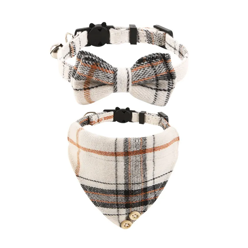 British Cat Collar With Bell Plaid Bow - Beige Suit