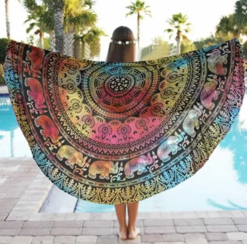 Casual Beach Mat Round Retro Shawl Color Elephant - Shop at LoveMi