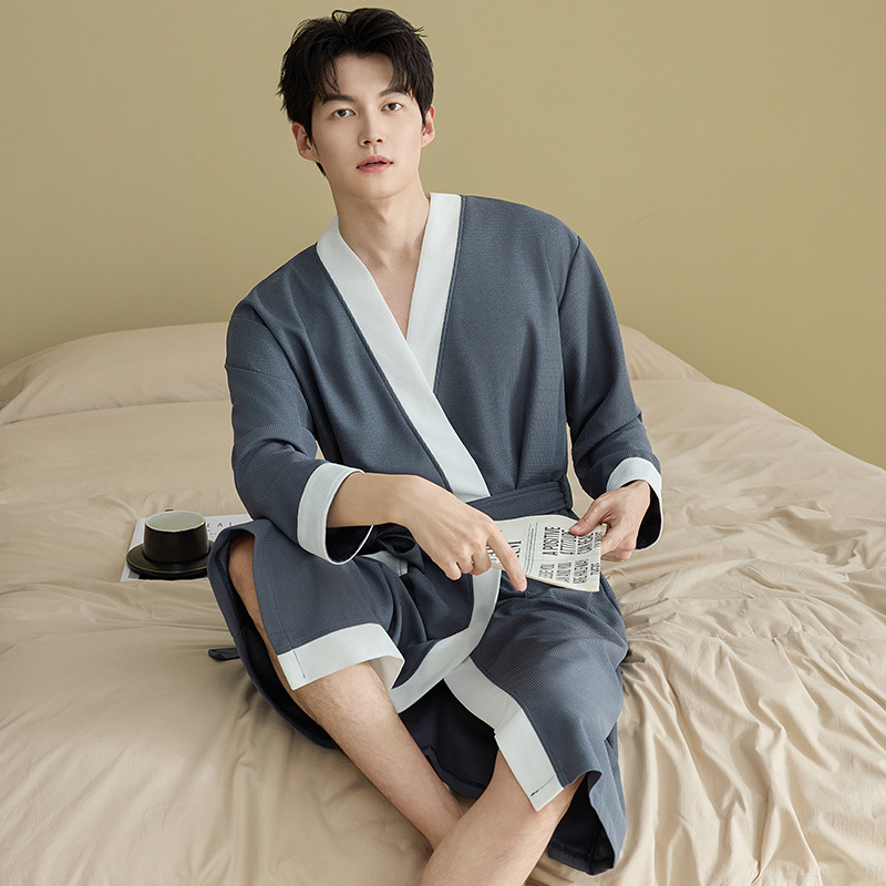 Mens Waffle-Weave Simple Casual Nightgown