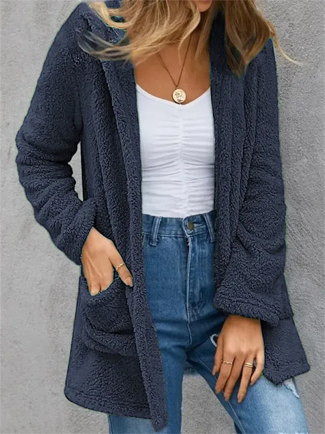 New Women's Cardigan Double Pocket Hooded Solid Color Fleece Cardigan Jacket Navy Blue - Shop at LoveMi