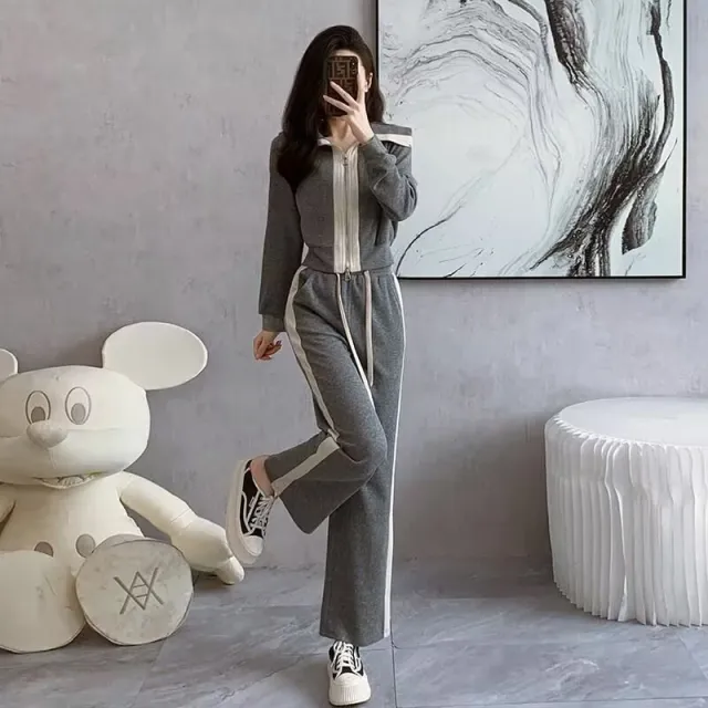 Fashionable And Stylish Two piece Set With A Coat And Wide leg Pants Gray - Shop at LoveMi