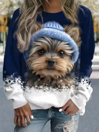 Spring 3D Cute Small Animal Print Pattern Round Neck Sweater Blue - Shop at LoveMi