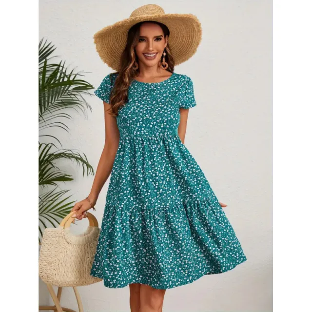 Printed Round Neck Dress Short Sleeve Blue - Shop at LoveMi