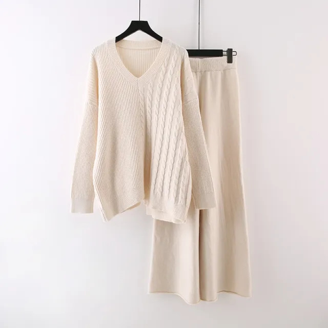 Solid Color And V neck Sweater Autumn And Winter New Loose Casual Knitted All matching Wide Leg Pants Two piece Suit White - Shop at LoveMi