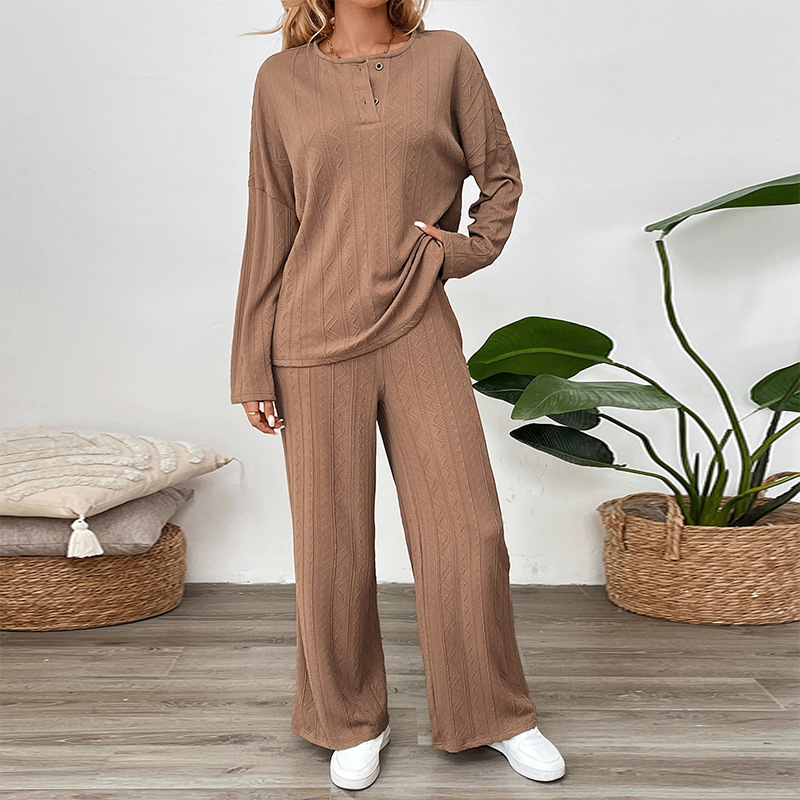 Casual Buckle Texture Fabric Solid Color Wide-leg Pants Suit - Image 4