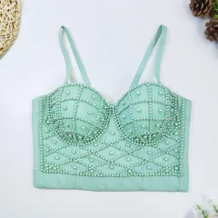 Women's Fashionable Elegant Pearl Spaghetti-strap Camisole Top With Chest Pad - Light Green - View 1