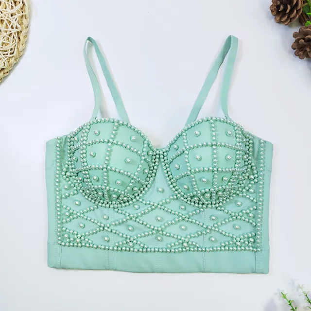 Women's Fashionable Elegant Pearl Spaghetti strap Camisole Top With Chest Pad Light Green - Shop at LoveMi