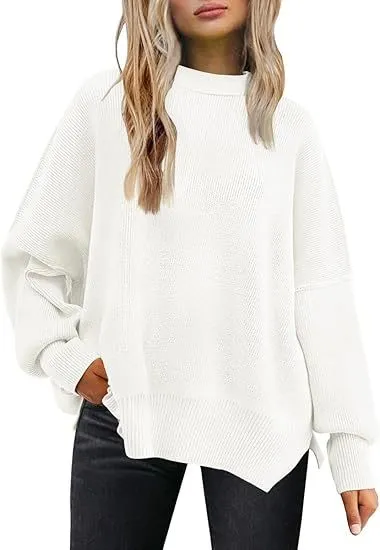 Thick Needle Side Slit Sweater Round Neck Loose Solid Color Batwing Long Sleeve Sweater For Women White - Shop at LoveMi