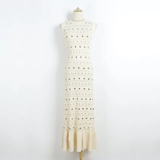 Solid Color Sleeveless Hollow Round Neck Knitted Dress Apricot - Shop at LoveMi