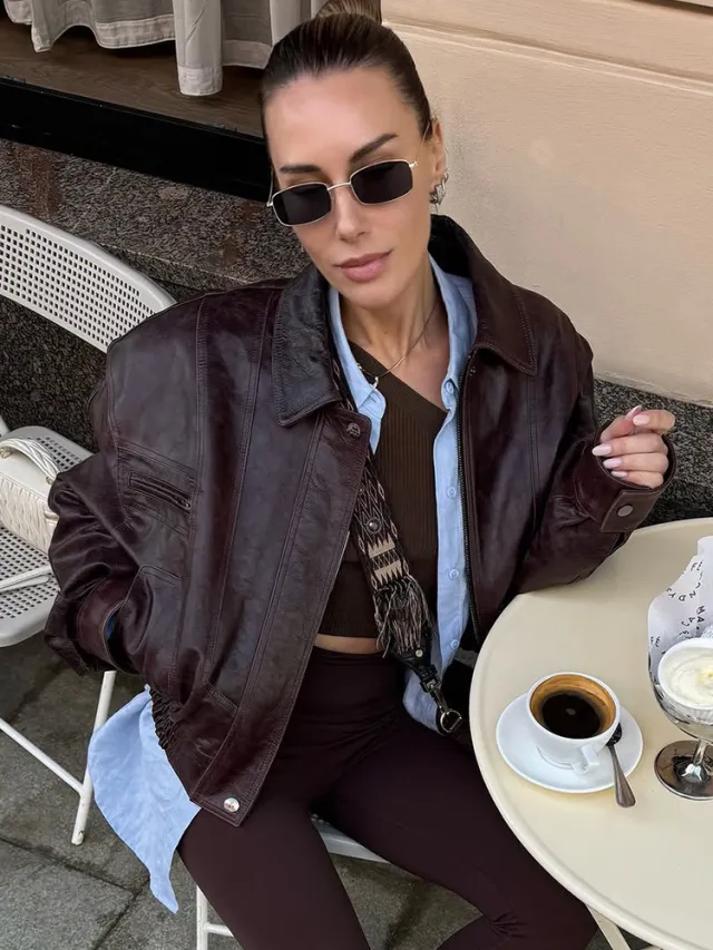 Retro Harajuku Style Simple Lapel Long Sleeve Short Leather Jacket Brown - Shop at LoveMi