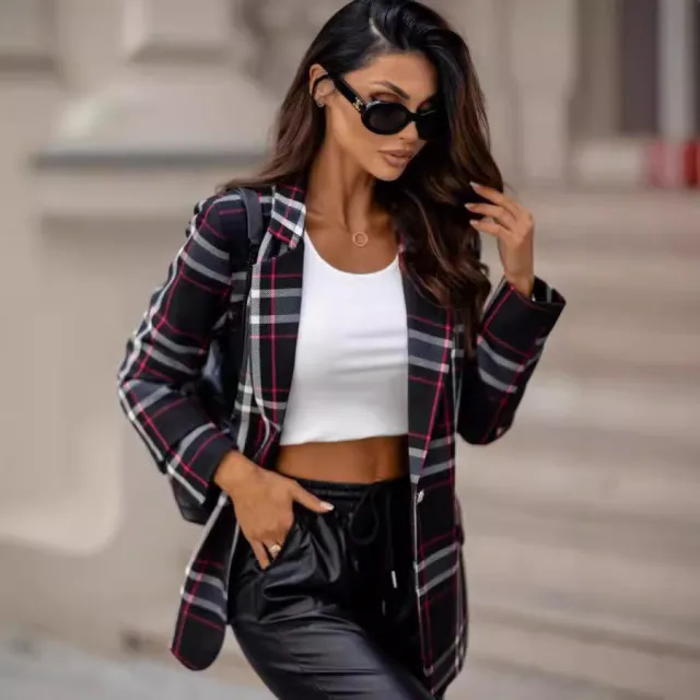 Fashionable Temperament Plaid Blazer Lightweight Top Black - Shop at LoveMi