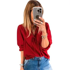 Women's Solid-colour V-neck Long-sleeve Chiffon Blouse With Bow Tie Straps - Red - View 1