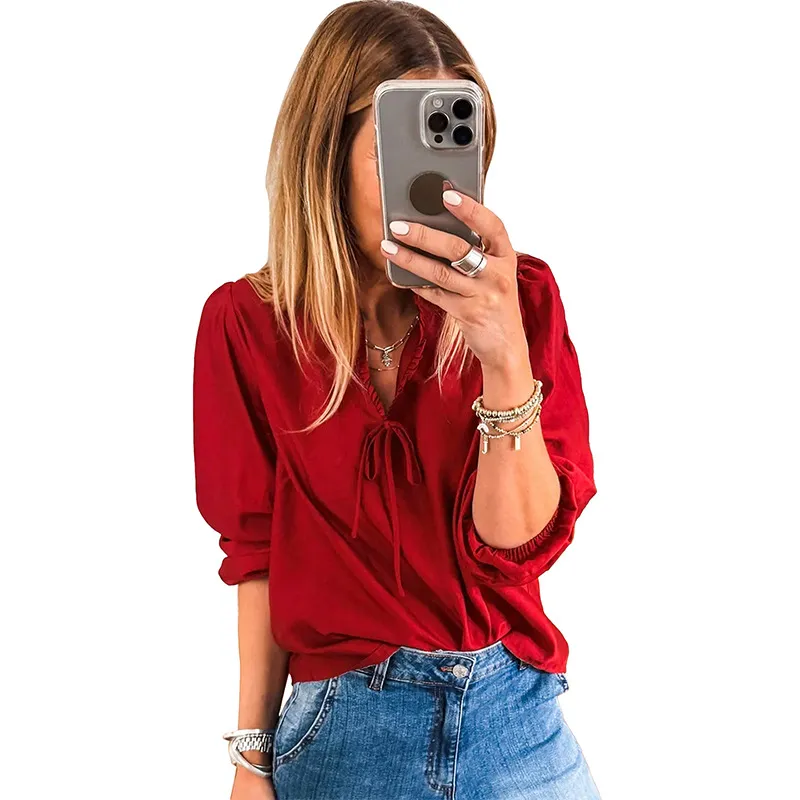 Women's Solid-color V-neck Long-sleeve Chiffon Blouse With Bow Tie Straps - Red